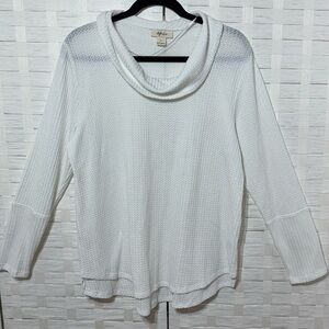 Style & Co White Cowl Neck Long Sleeve Waffle Ribbed Top Size‎ Large